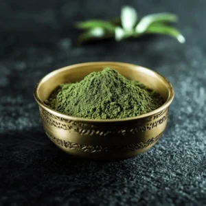 Green King kratom powder in a gold bowl