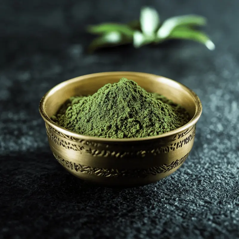 Green King kratom powder in a gold bowl